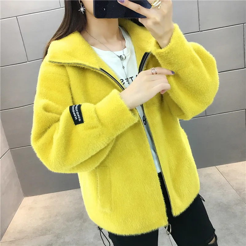 Winter Thick Faux Mink Cashmere Turtleneck Knitted Sweater Women Cardigan Loose High Collar Long Sleeve Knit Jacket Coat Female