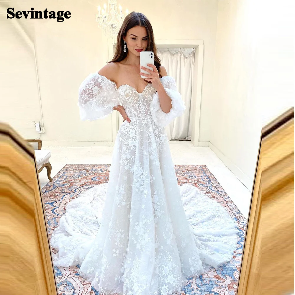 Sevintage Boho Hochzeit Kleider Puff Ärmeln Spitze appliques 3D Blumen Hochzeit Kleid Schatz A-Line Backless Braut Kleid