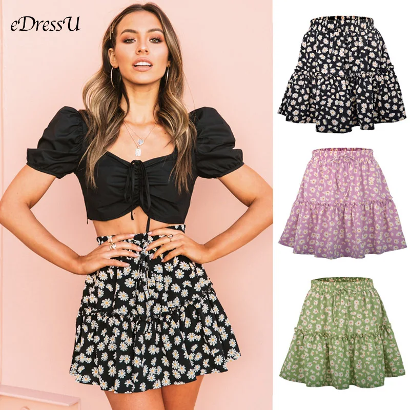 

A-line Short Skirt Women Floral Summer Skirt High Waist Elegant Print Above Knee Mini Skirt Casual Daily Wear LDY-4202