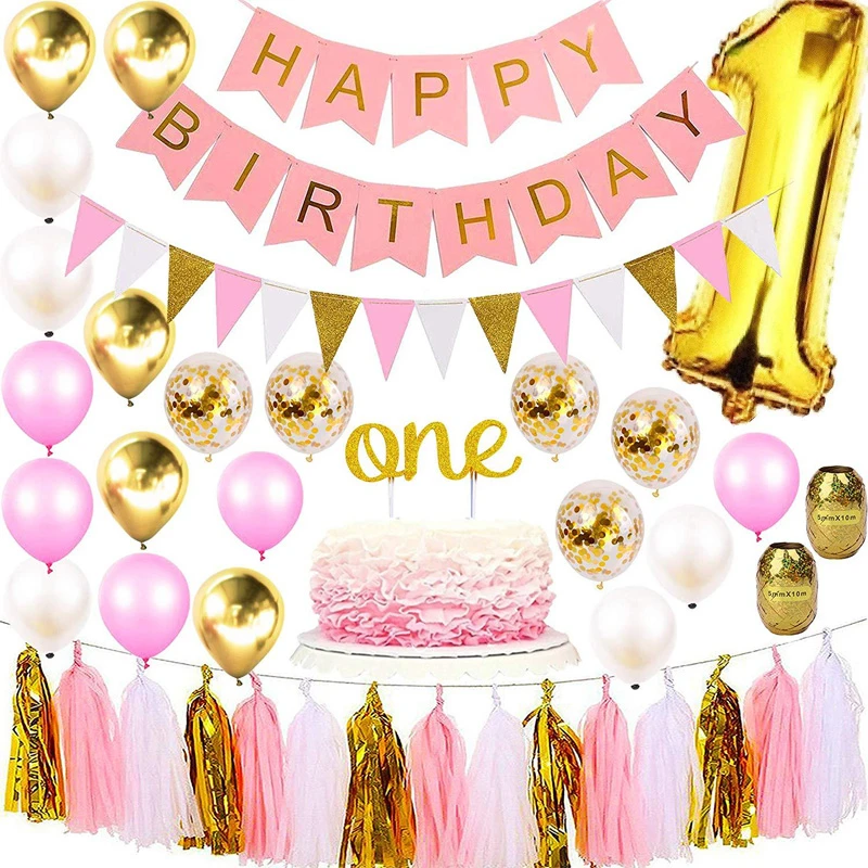 Girl 1st Birthday Party Decoration Balloons Cake Topper Formal Hat Banner Set Large Foil Digital 1 Pink Theme Baby Shower Ballon