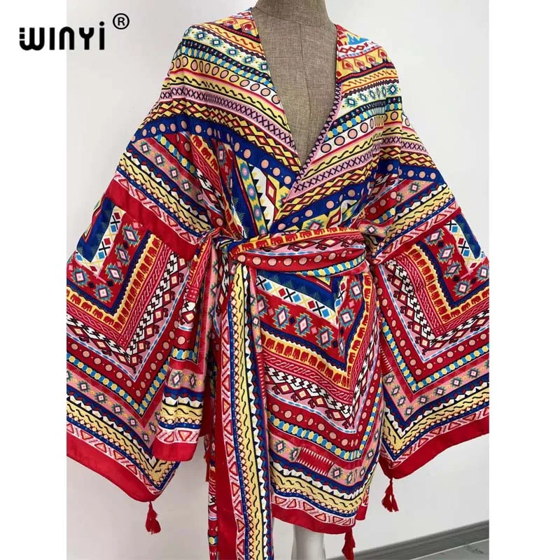 2021 WINYI neue Baumwolle Bikini Süße Dame Rosa Boho Druck Selbst Belted Vorne Offen Lange Kimono Kleid Strand Tunika Frauen wrap Kleider