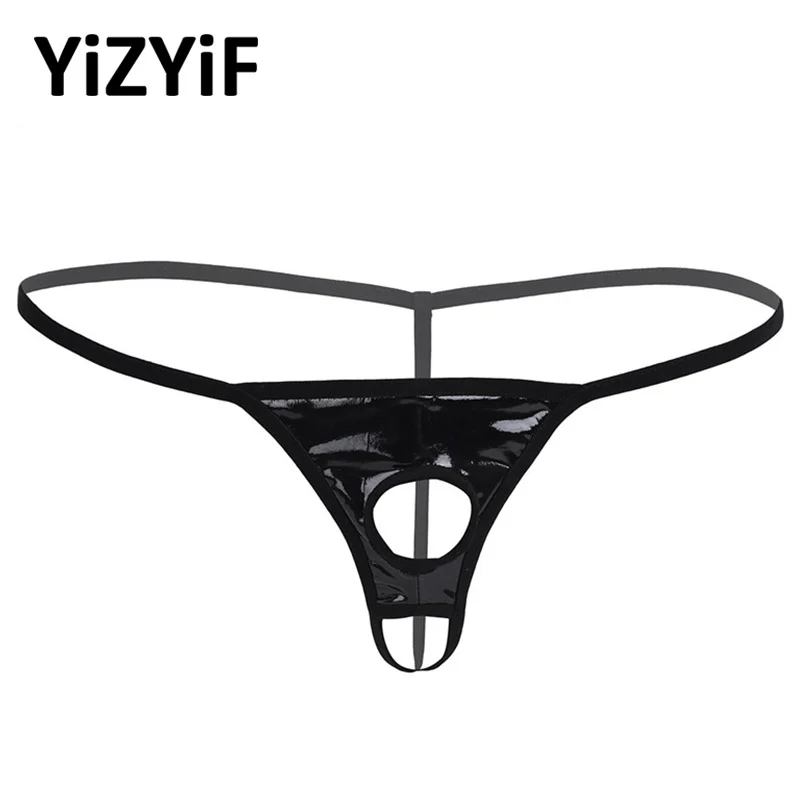 Men Lingerie Erotic Underwear Patent Leather G-String Thong Bikini Underpants with Penis Hole Male Gay Hot Sexy Panties for Sex