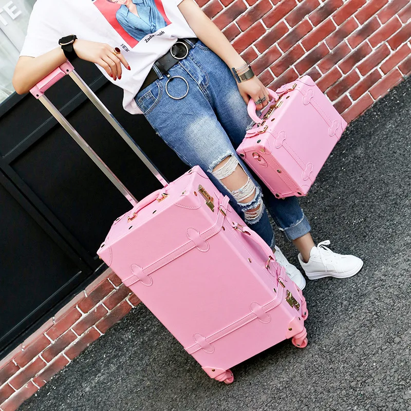 High Quality PU Leather Trolley Luggage Lovely Full Pink Vintage Suitcase set on Wheels for Women Retro cabin Suitcase Girls