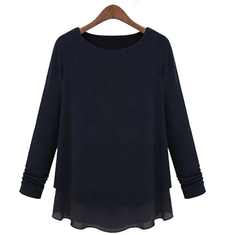 Women Blouse Long Sleeves Loose Fat Big Size Blusa Feminina Tops Cotton Splice Chiffon Fake Two Piece Shirt