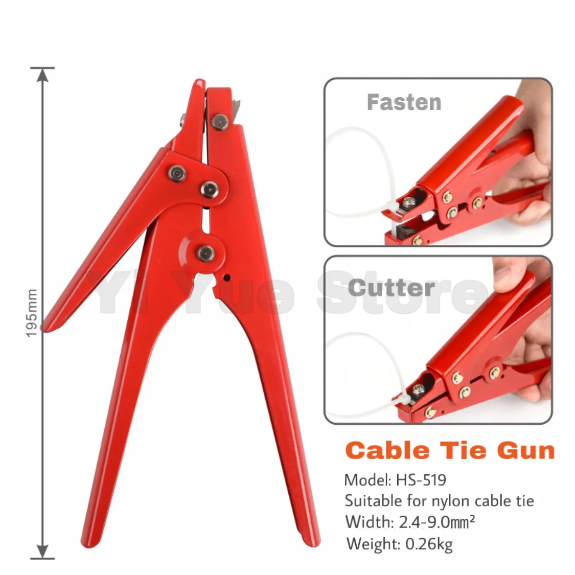 HS-519 Cable Tie Gun Fastening and Cutting Tool for Plastic Nylon Cable Tie Width 2.4-9mm Metal Clamp Automatic Tensioning