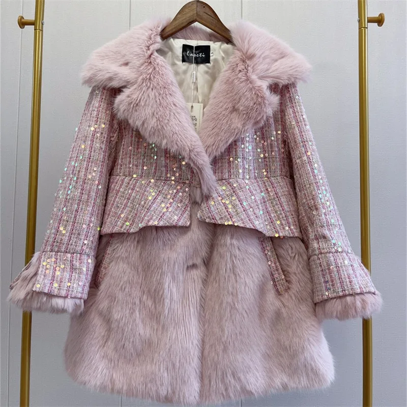 

New Top Fashion Sequin Faux Lambswool Lamb Wool Fur Coat Women's Stylish Loose Lapel Korean Casual High Street Female Jacket