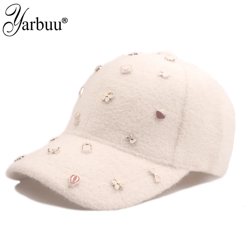 [YARBUU] Streetwear Solid Windproof Wool Baseball Hats For Women Men Warm Winter White Lambswool Face Cap Casquette Femme