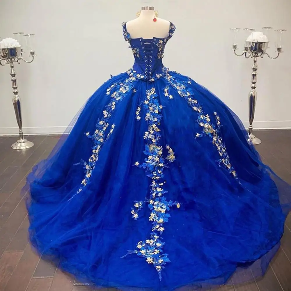 Robe de bal bleu Royal, à fleurs 3D, 16 robes de fête, à épaules dénudées