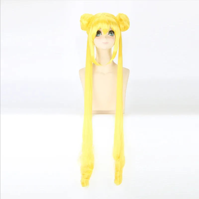 Perruque Cosplay synthétique longue bouclée – Tsukino Usagi, Double queue de cheval Blonde, résistante à la chaleur + bonnet de perruque