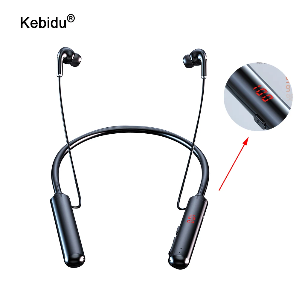 kebidu Magnet 60 Hours Endurance Bluetooth Headphones Stereo Bass Wireless Headphone Neckband Power LED Display Headset TF Card