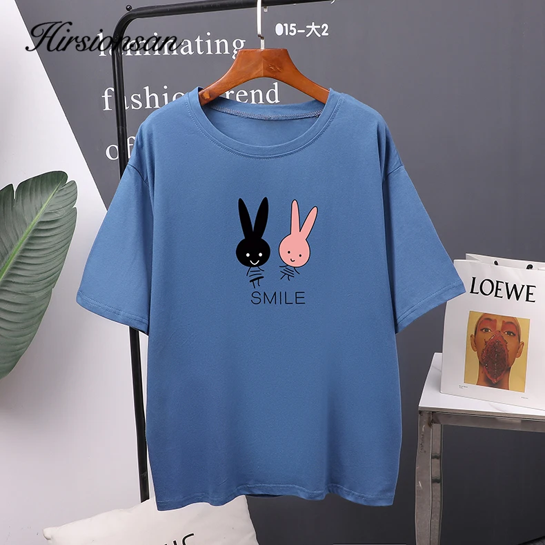 Hirsionsan Cartoon Printed Cotton T Shirt Women 2025 New Hot Korean Kawaii Short Sleeve Tshirts O Neck Tees Casual Girls Tops