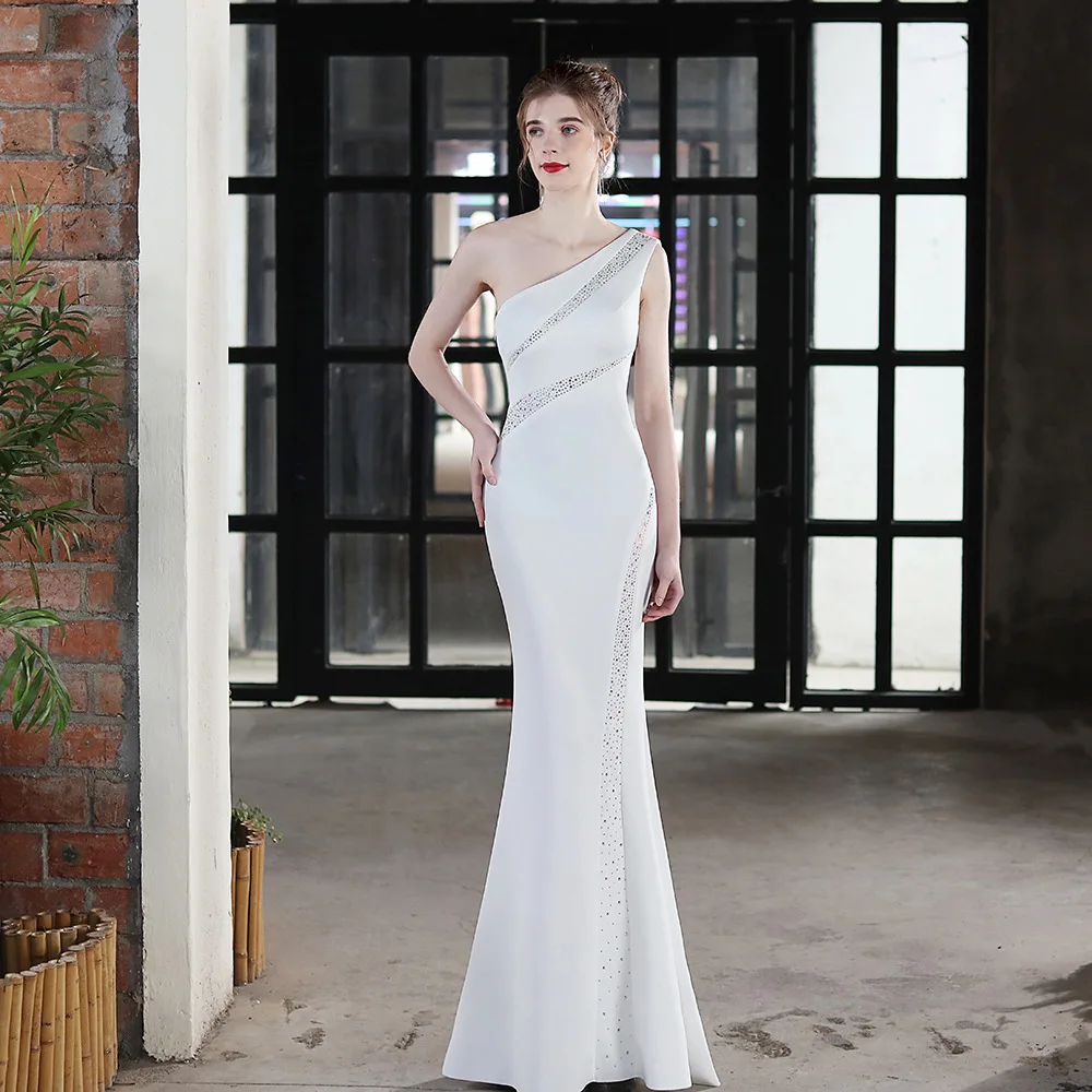 2022 Hot Drilling One Shoulder Mermaid Evening Dress Floor Length Robes Women Formal Vestidoes Sleevless Beading Robe De Soriee