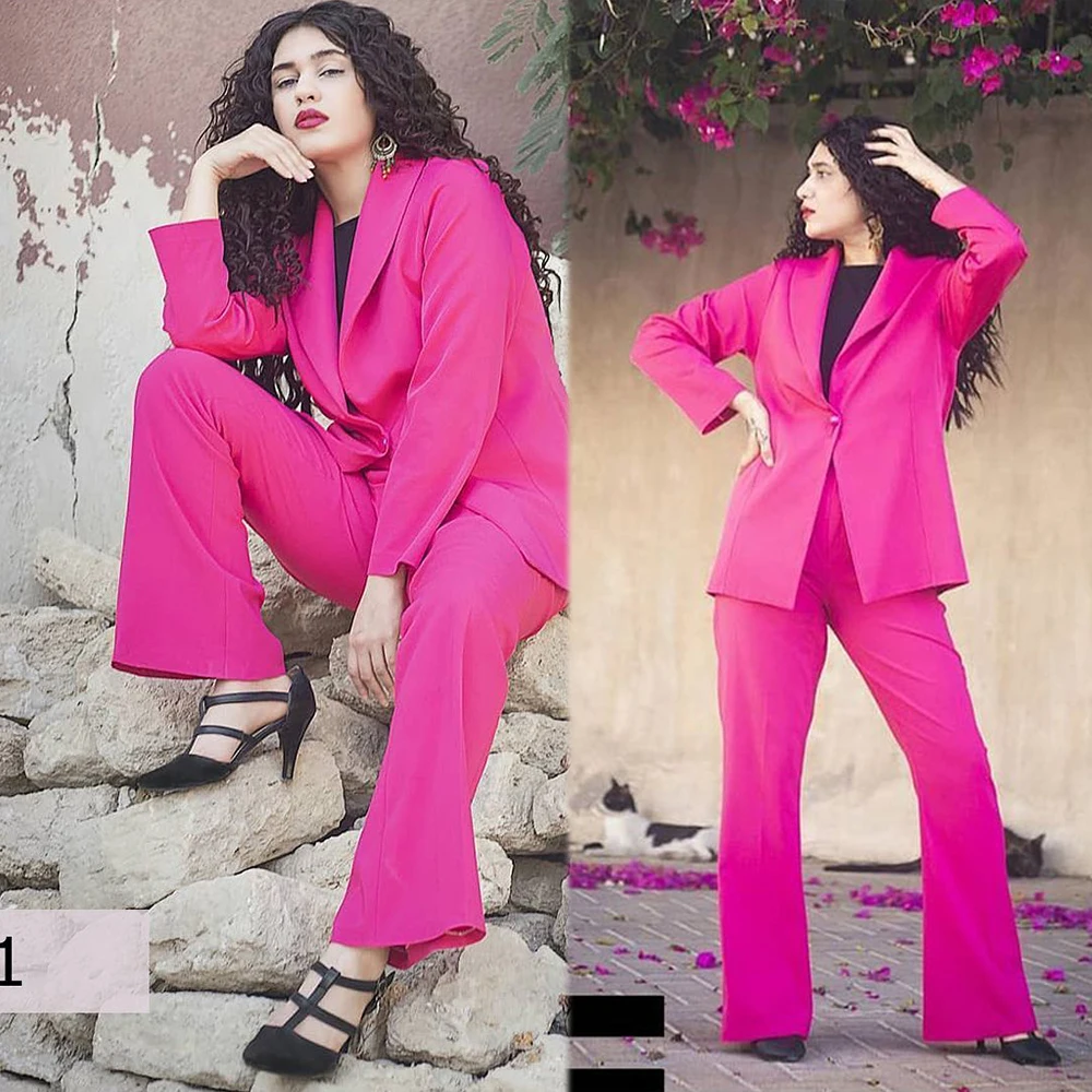 

Fashion Pink Women Loose Blazer Suits Peaked Lapel One Button Jacket 2 Pieces Set Custom Made Chic Coat