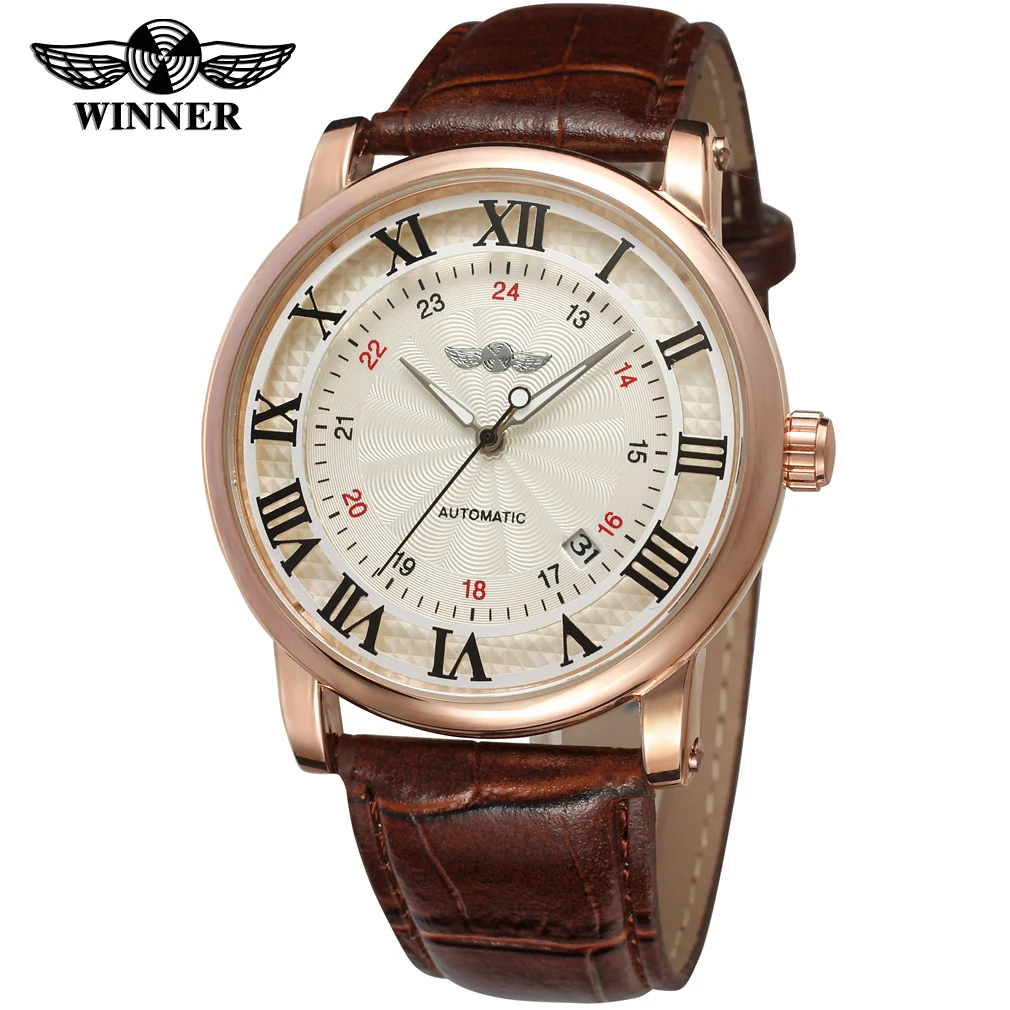 winner Men's Brown Nail Scale Digital Automatic Mechanical Watch Simple Calendar Belt Wrist Watch Circular Watch