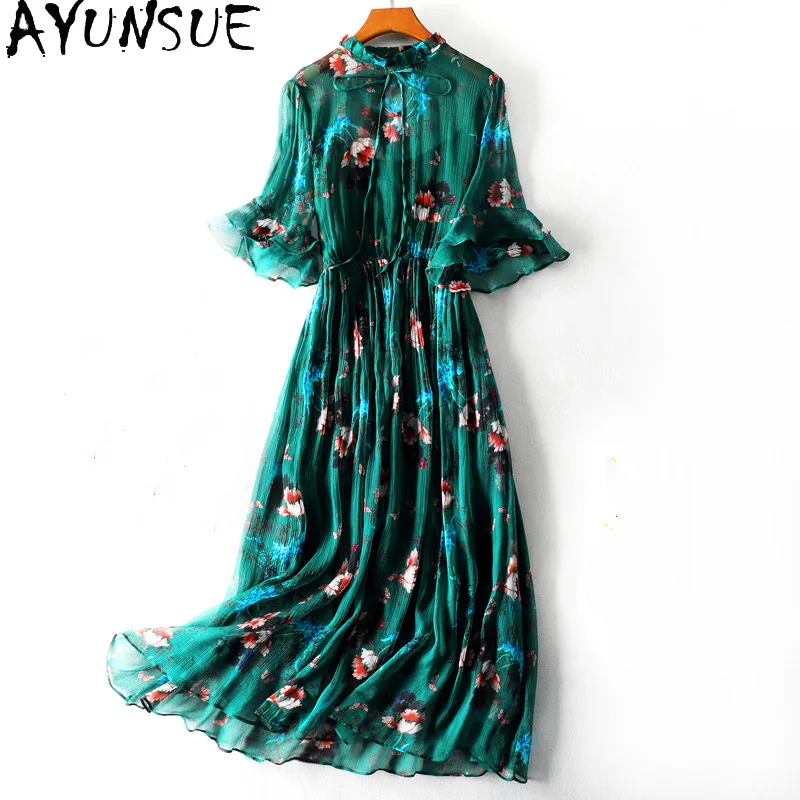 

AYUNSUE 100% Silk Dress Woman High Quality Floral Printed Dresses Ladies Vintage Green Dress Famale Vestido De Mujer 2021 SQQ29