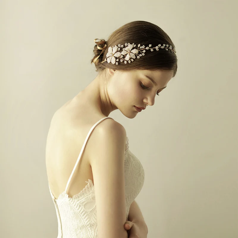 O820 Wanita Perhiasan Mutiara Headband Mahkota Bunga Beaded Headband Manis Rhinestone Bride Hairband untuk Anak Perempuan