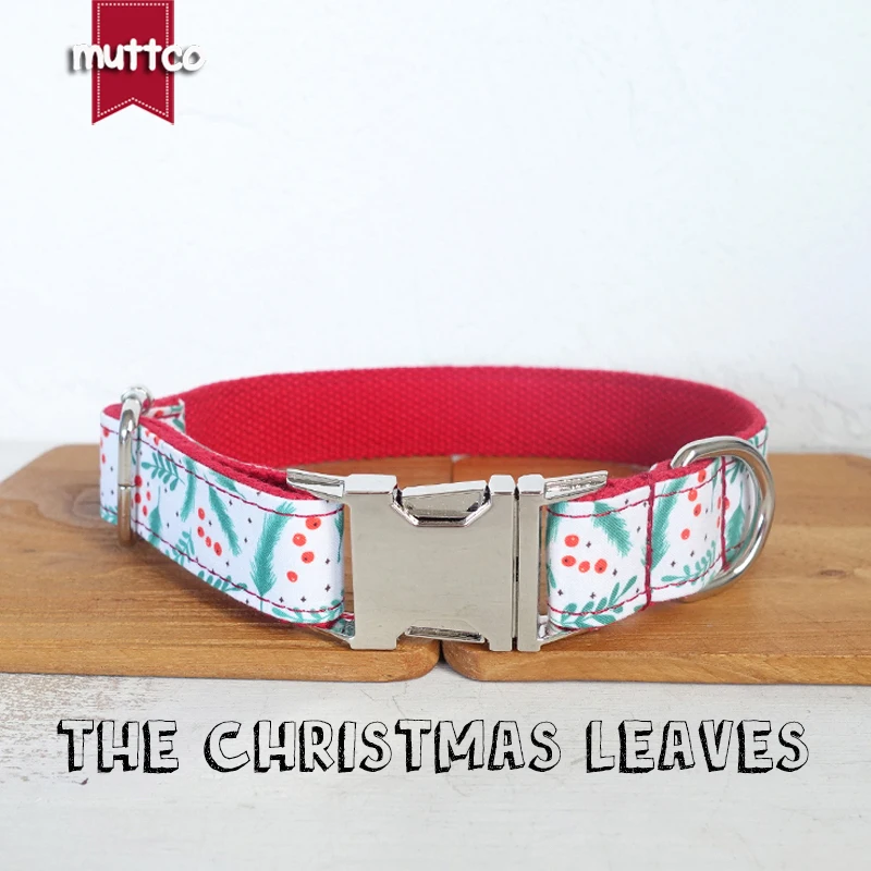 

MUTTCO retailing self-design dog collar THE CHRISTMAS LEAVES handmade poly satin and nylon 5 sizes dog collar UDC096