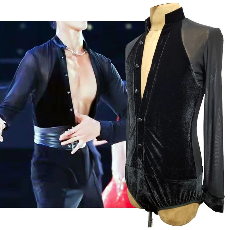 Velvet Latin Dance Tops Men Competition Clothing Standard Ballroom Dance Bodysuit Male Latin Practice Wear ChaCha Salsa DNV15521