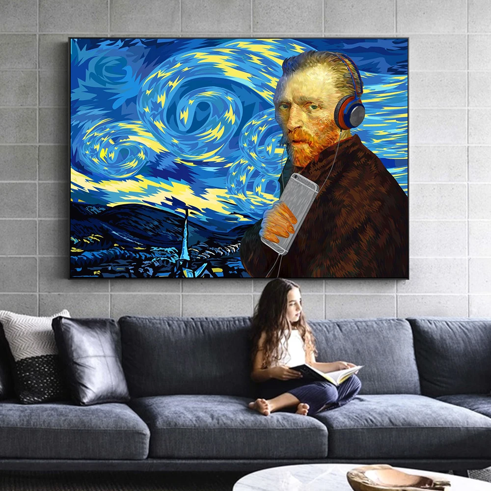 

Abstract Posters and Prints Van Gogh With Headphones Wall Art Pictures Famous Painting HD Canvas Painting Living Room Decoration