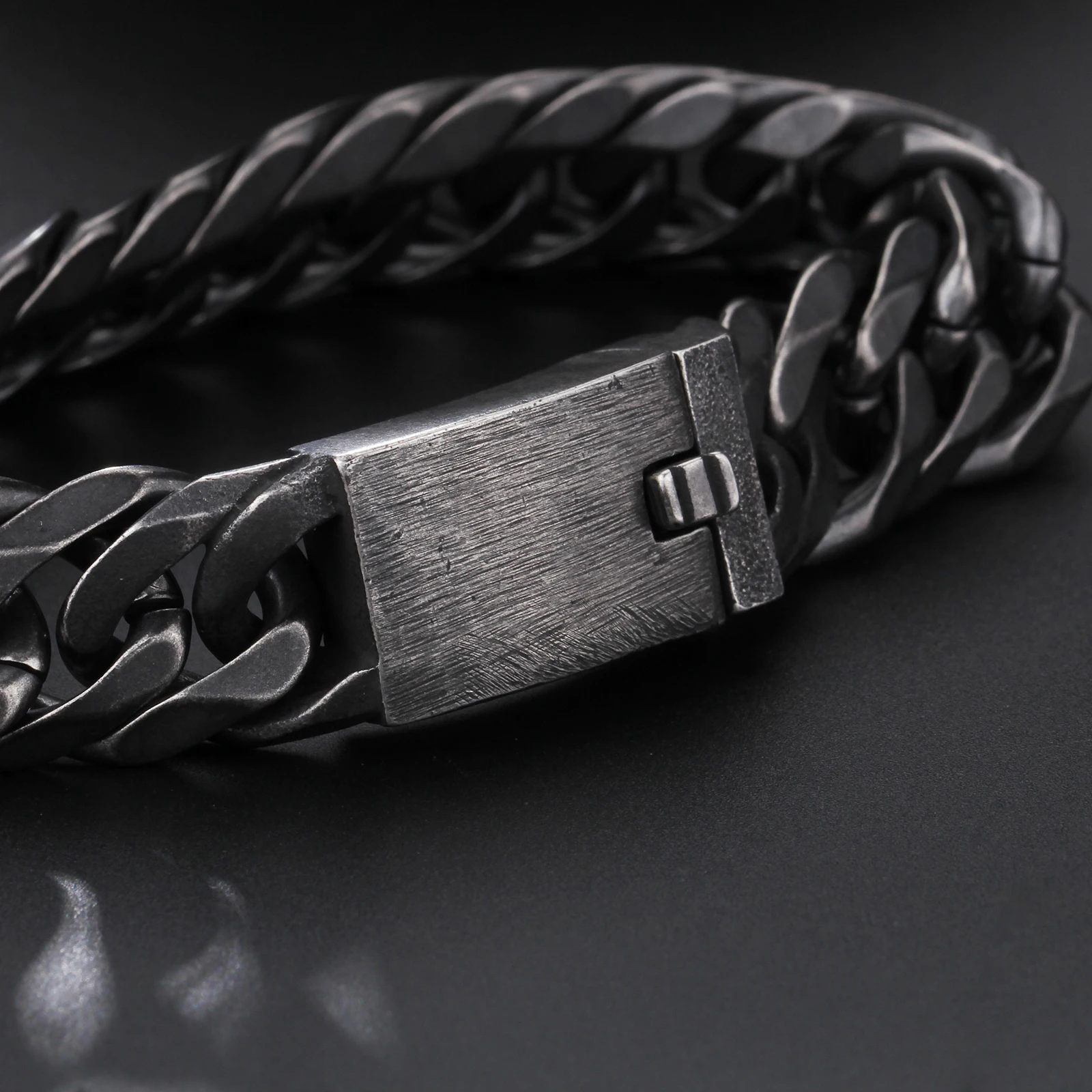 Fongten Retro Black Bracelet For Men Cuban Chain Stainless Steel Heavy Wide Curb Bracelets Bangle Male Jewelry Christmas Gift