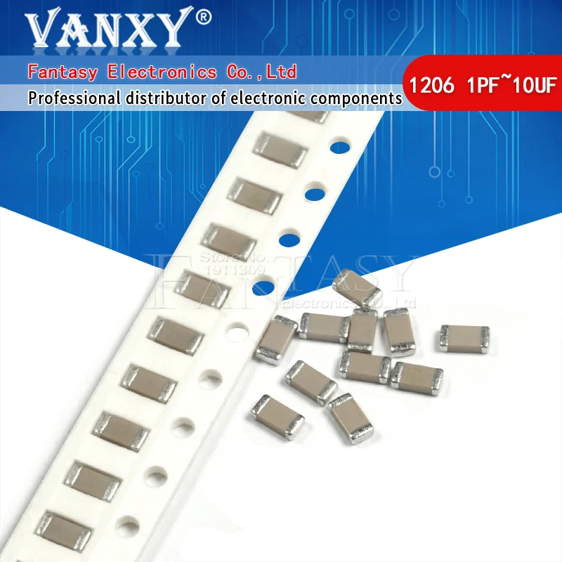 100 sztuk 1206 50V SMD gruby chip wielowarstwowy kondensator ceramiczny 1pF-22uF 10NF 100NF 1UF 2.2UF 4.7UF 10UF 22PF