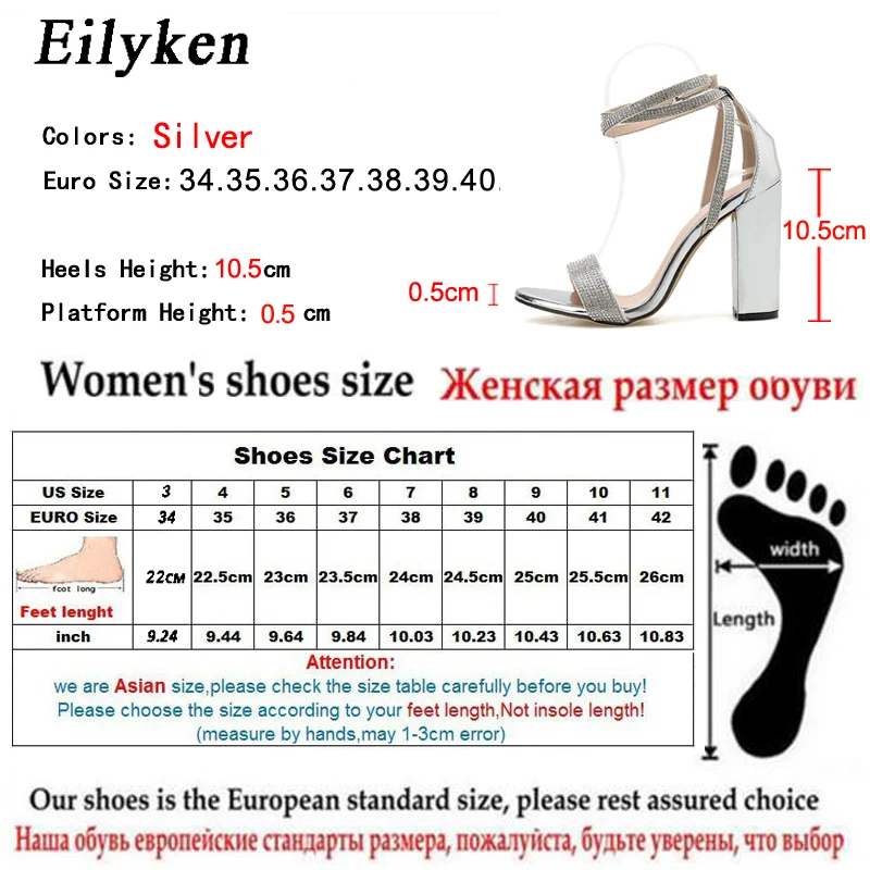 Eilyken Silver Bling Crystal Sexy Peep Toe Women Sandals Square Heel Buckle Strap Gladiator Stiletto Wedding Rhine Stone Shoes