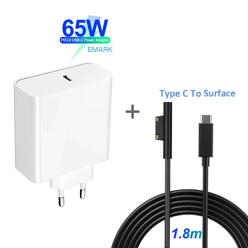 65W PD Charger Type-c With Surface Connecting to USB-C 15V Charging Cable for Microsoft Surface Pro 7/6/5/4/3, Surface Go/Book