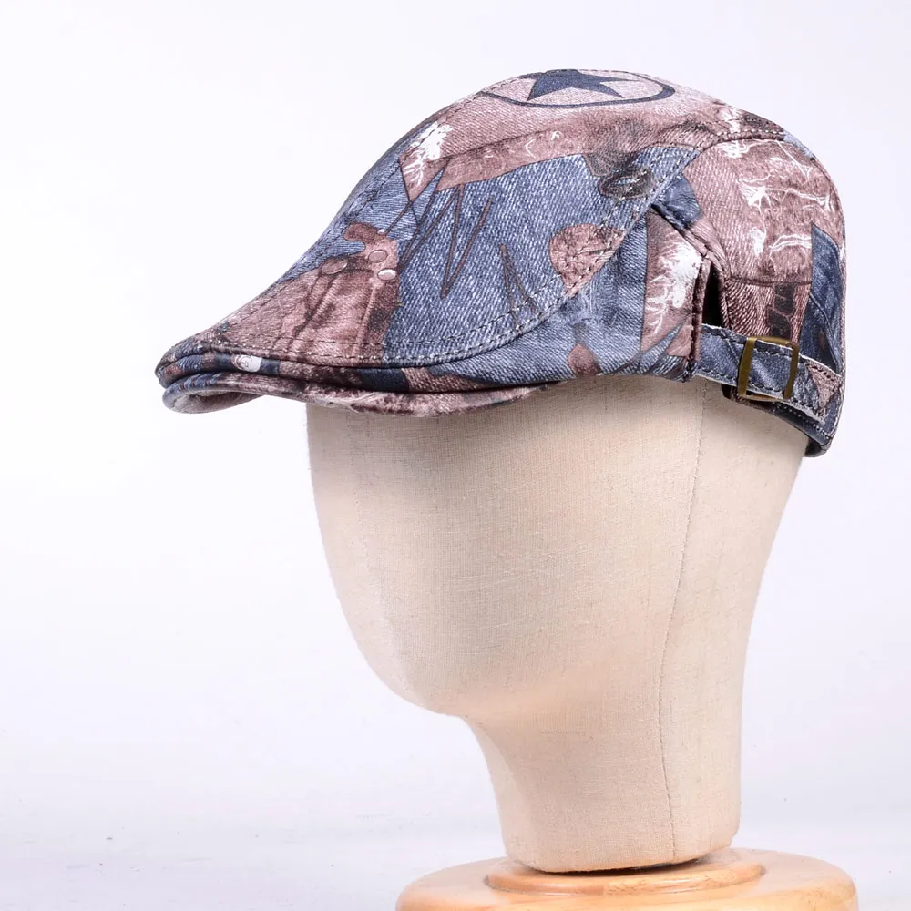 Men's Women's Unisex Real Leather Denim Pattern Military Peaked cap Beret Newsboy Hats/caps