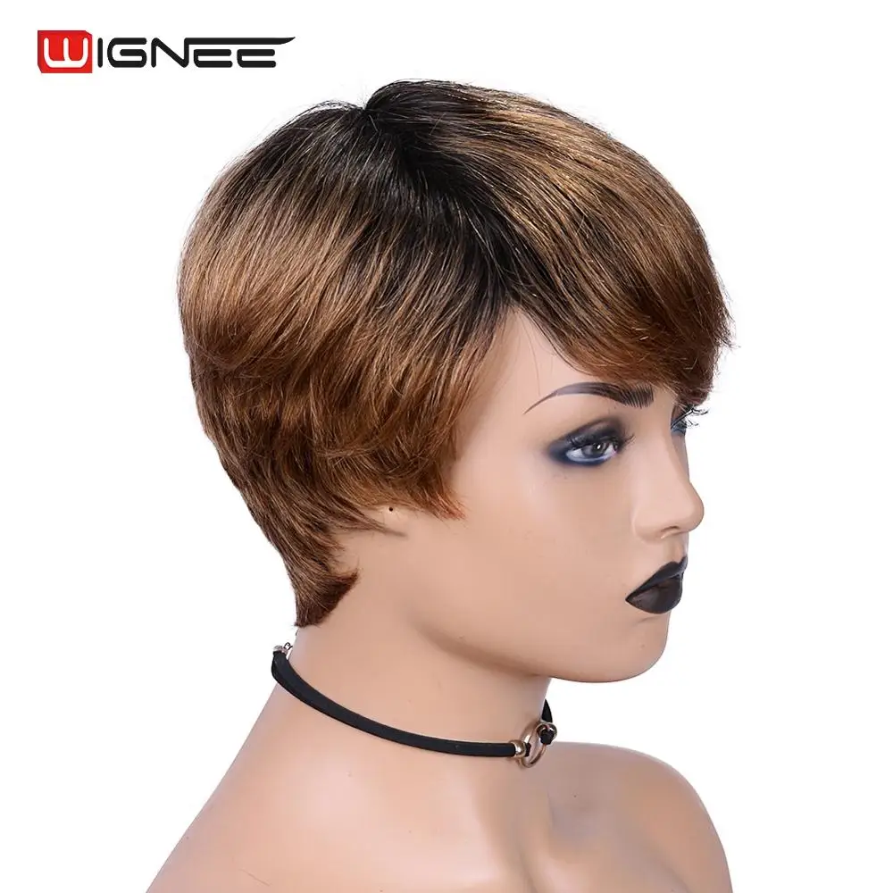 Wignee Short Straight Hair Human Wig With Free Bangs for Black Women 150% Density Ombre Brown Machine Natural Soft Hair Full Wig