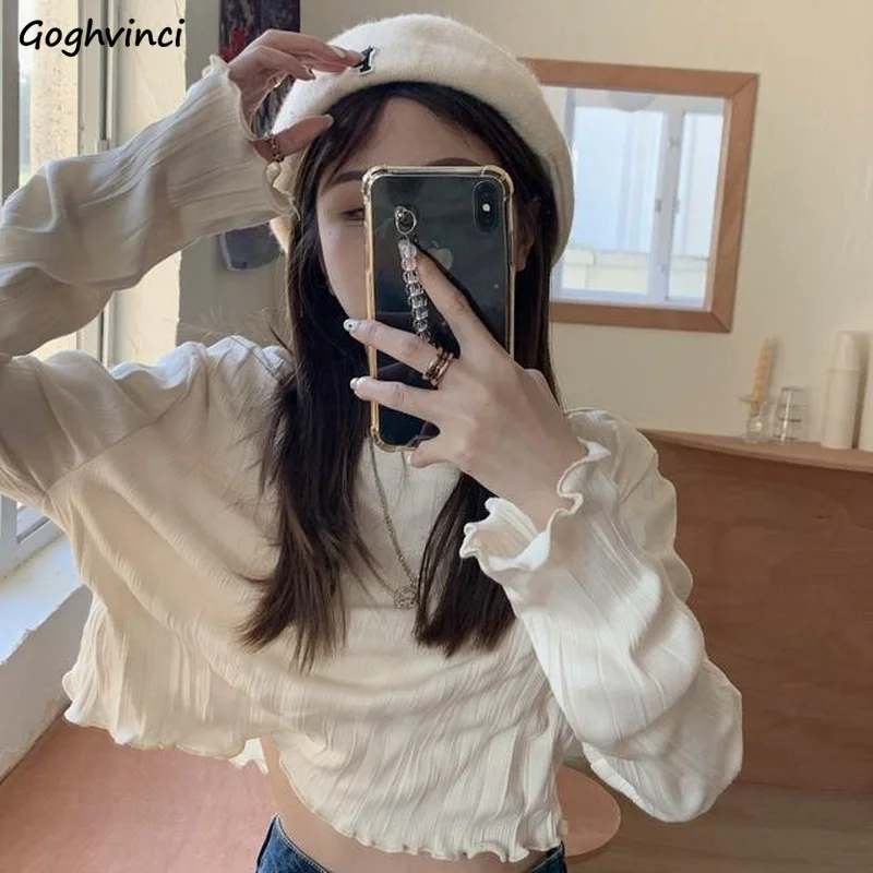 Cropped Blouses Women Ruffles Pure Korean Style Autumn Temperament Cozy All-match Mujer Students Leisure Prevalent Retro Top New