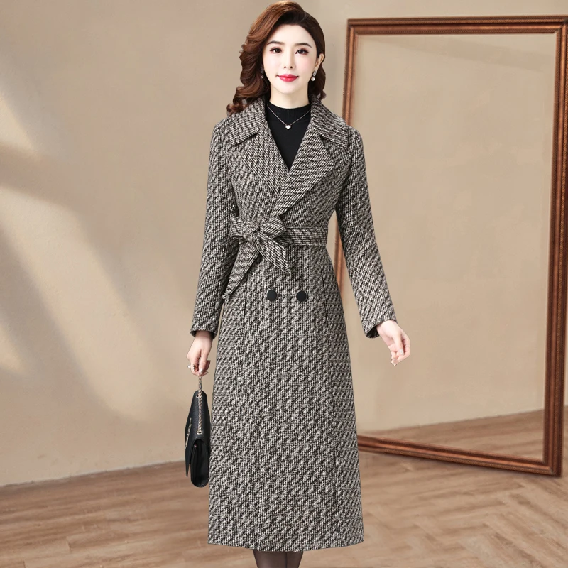 Autumn Winter Wool Windbreaker Female Outerwear Korean Thicke Mother Woolan Coat  Fashion Long Oversize Plaid Overcoat Women