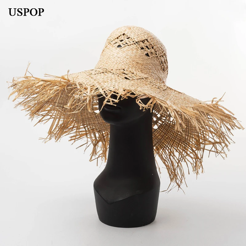 

USPOP New Summer hats Women Handmade hollow pattern woven raw edge raffia large brimmed hat sunscreen beach raffia straw hat