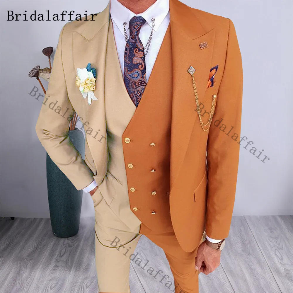 Bridalaffair Half Pink Orange Mixed colors Men Suits 2021 Fashion 3 Piece Set Peal Lapel Blazer Double Breasted Vest Slim Pants