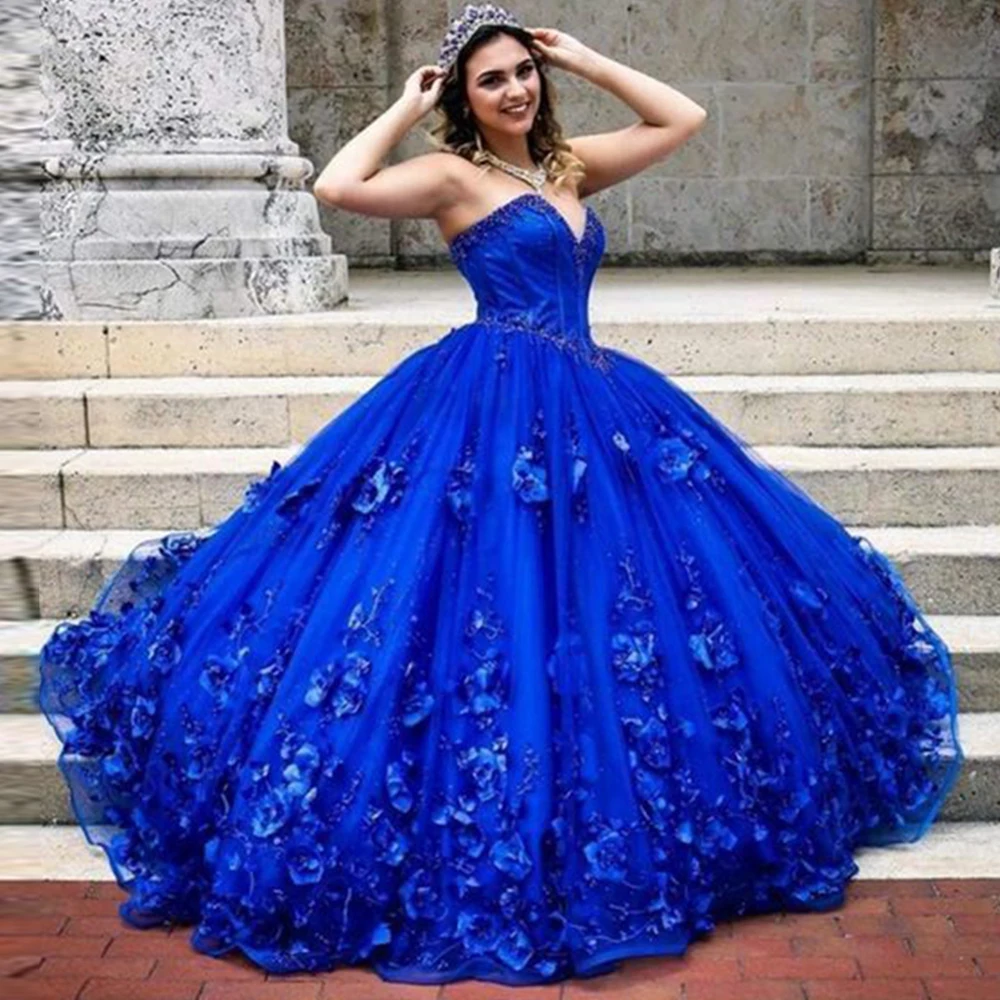 

Angelsbridep Royal Blue Tulle Quinceanera Dresses 2021 Flowers Sweetheart Corset Top Ball Gown Prom Dress Vestidos De Fiesta