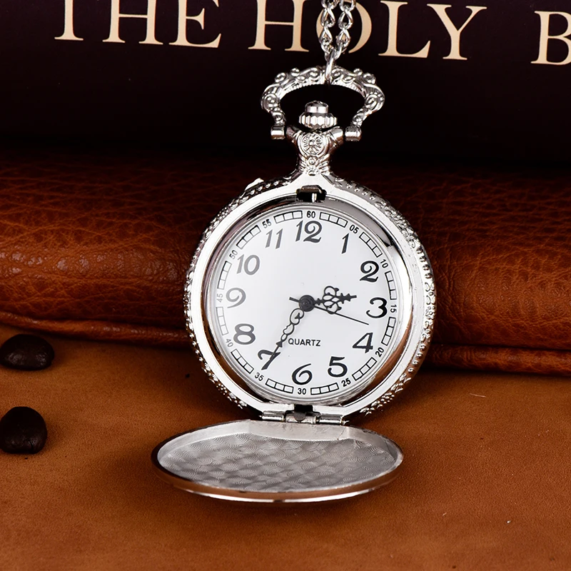 Large quartz flip shield pattern pocket watch Silver necklace pendant watch alloy pocket watch