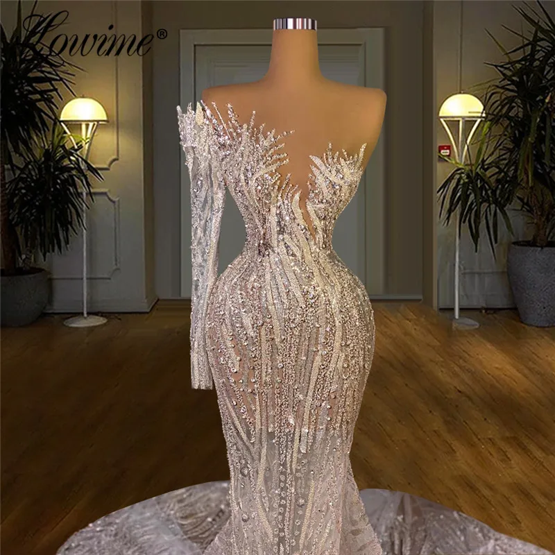 Lowime Dubai Long Evening Dresses Plus Size One Shoulder Handmade Crystas Pageant Party Dress Mermaid Prom Dresses Custom Made