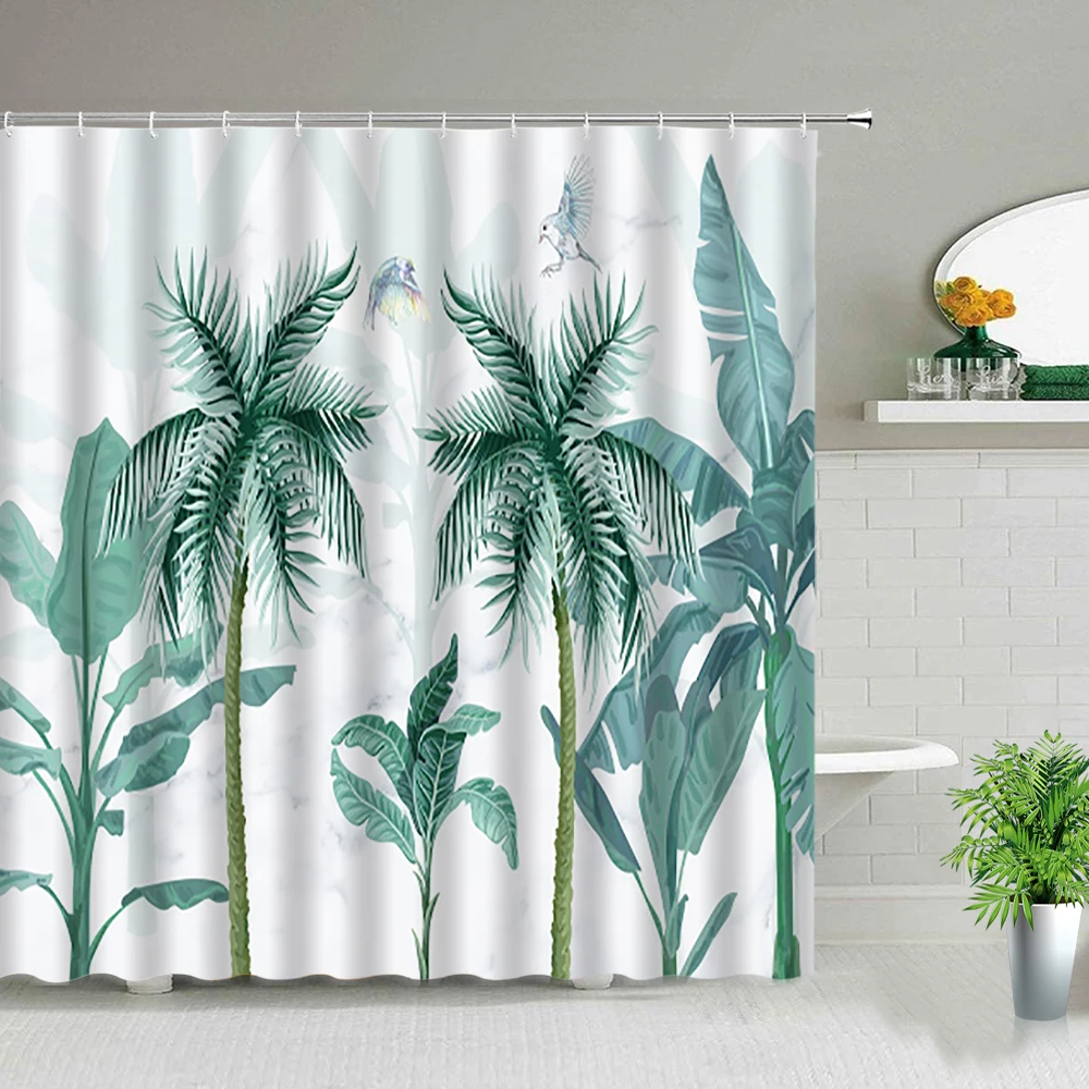 Green Leaf Animal Leopard Shower Curtains Palm Tree Flamingo Zebra Toucan Flower Scenery Bath Screen Waterproof Cloth Curtain