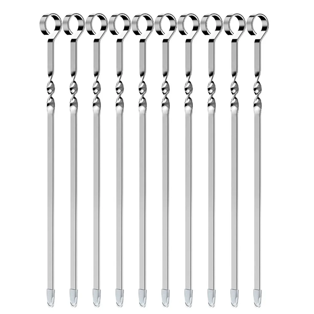 10pcs BBQ Skewers Stainless Steel Barbecue Sticks Flat Cooking Grill Skewers for Home Camping