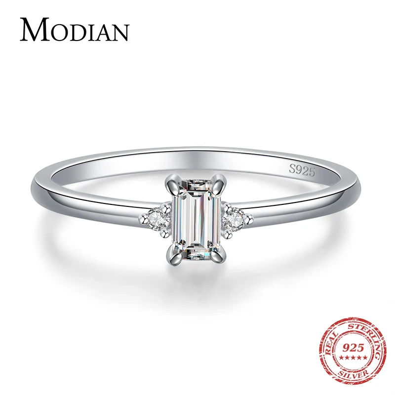 Modian Authentic 925 Sterling Silver Classic Charm Emerald Cut Zirconia Finger Rings For Women Hypoallergenic Wedding Jewelry