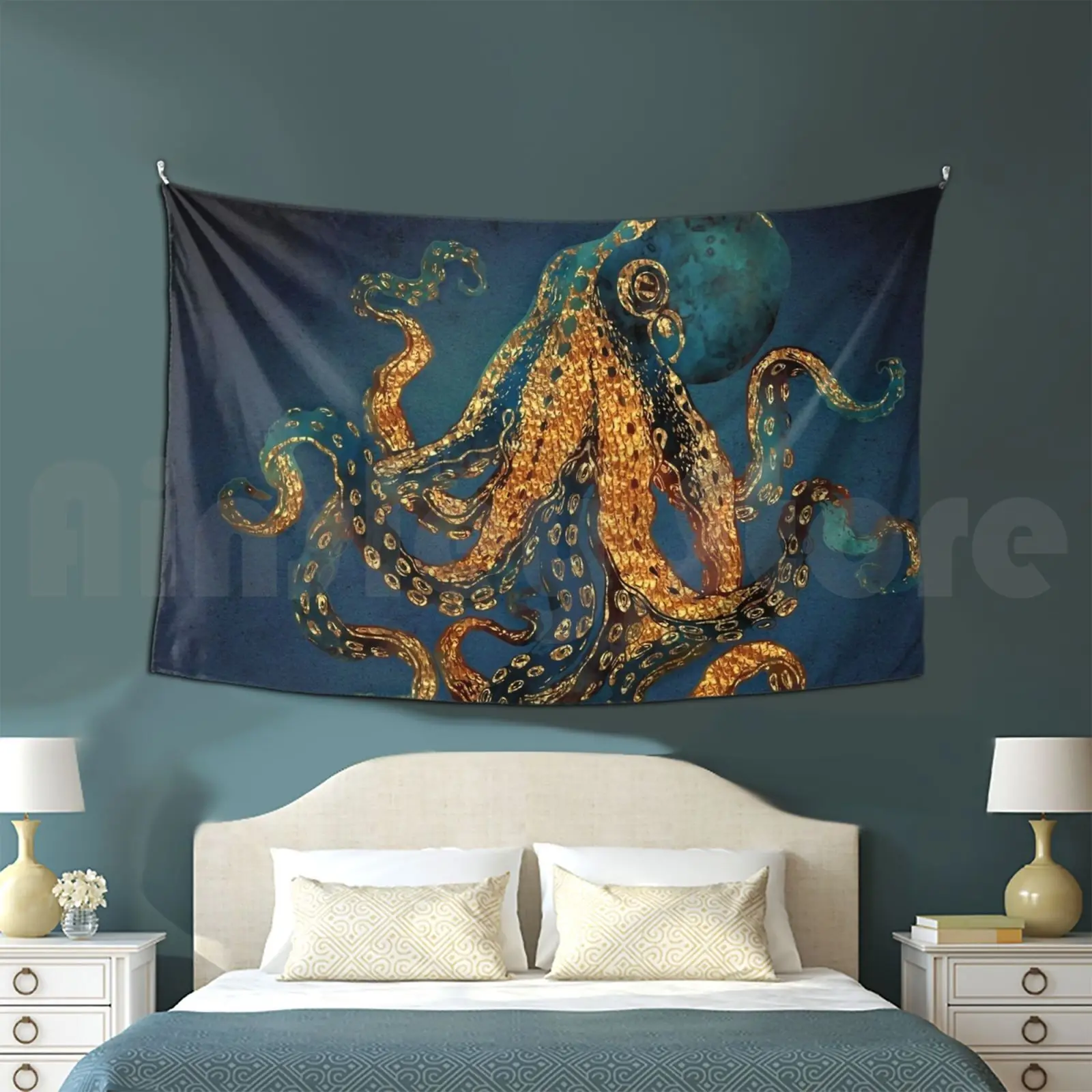 Underwater Dream Iv Tapestry Background Wall Hanging Water Octopus Dream Ocean Sea Blue Cobalt Navy Aqua Gold