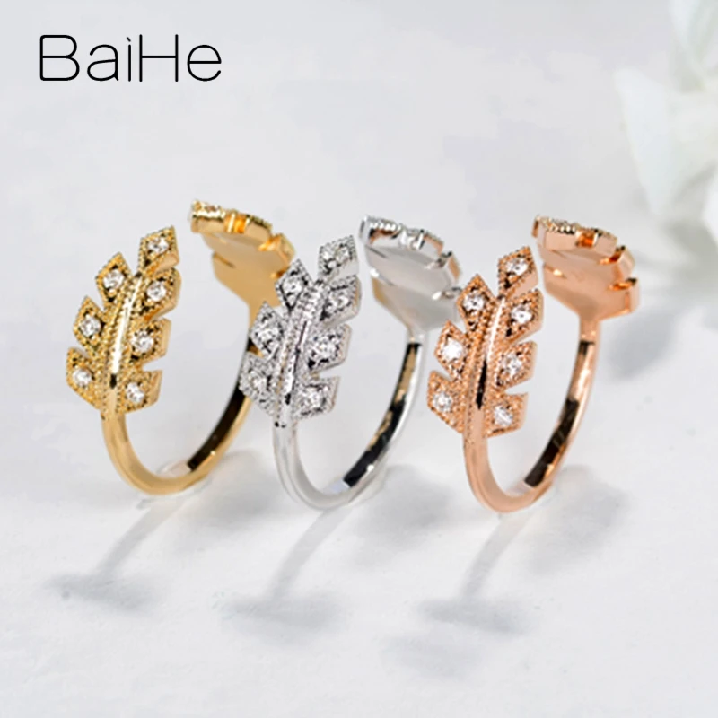 BAIHE Solid 14K Yellow Gold 0.15ct H/SI Natural Diamond Leaf Ring Women Men Trendy Fine Jewelry Making خاتم ورقة Fáinne Duille