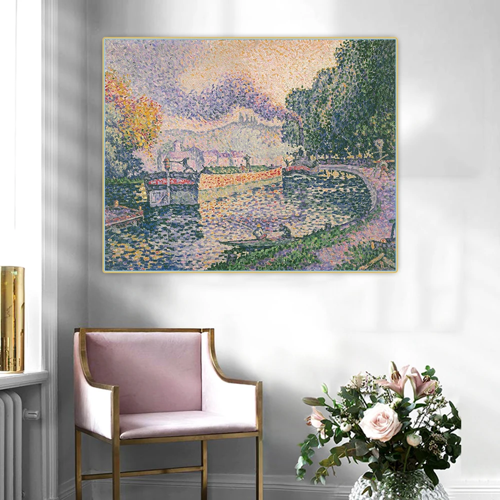 Citon Paul Signac《The Tugboat,Canal in Samois》Pointillism Canvas Oil Painting Artwork Poster Picture Wall Decor Home Decoration