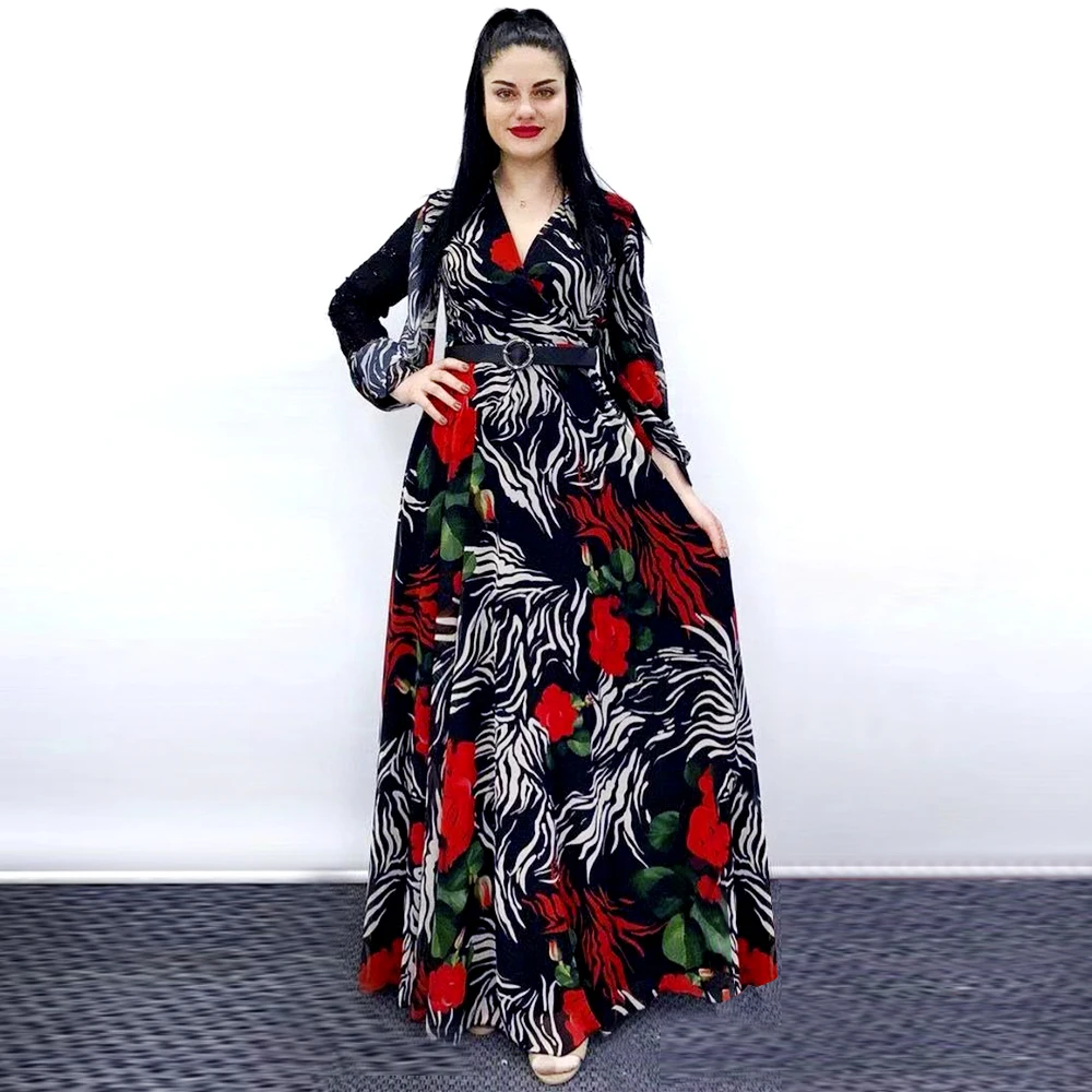 African Print Boho Chiffon Dresses Women Long Sleeve Elegant Evening Gown Ankara Dashiki Maxi Dress Dubai Abayas 2021 Autumn