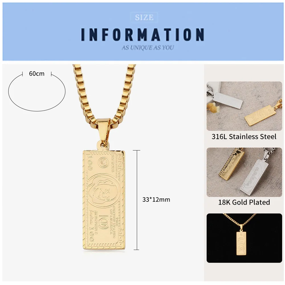 FINE4U N290 Hundred $100 Dollar Bill Pendant Necklace Gold Color Stainless Steel Box Chain Necklace For Men Women