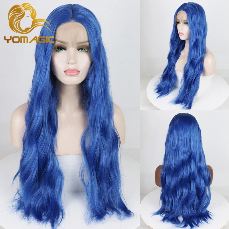 Yomagic Blauwe Kleur Synthetisch Haar Lace Front Pruiken Met Natuurlijke Haarlijn Body Wave Warmte Resisitant Fiber Lijmloze Kant Pruik