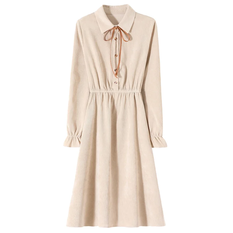 Mori girl cute sweet solid beige dress autumn fashion long sleeve dress for women