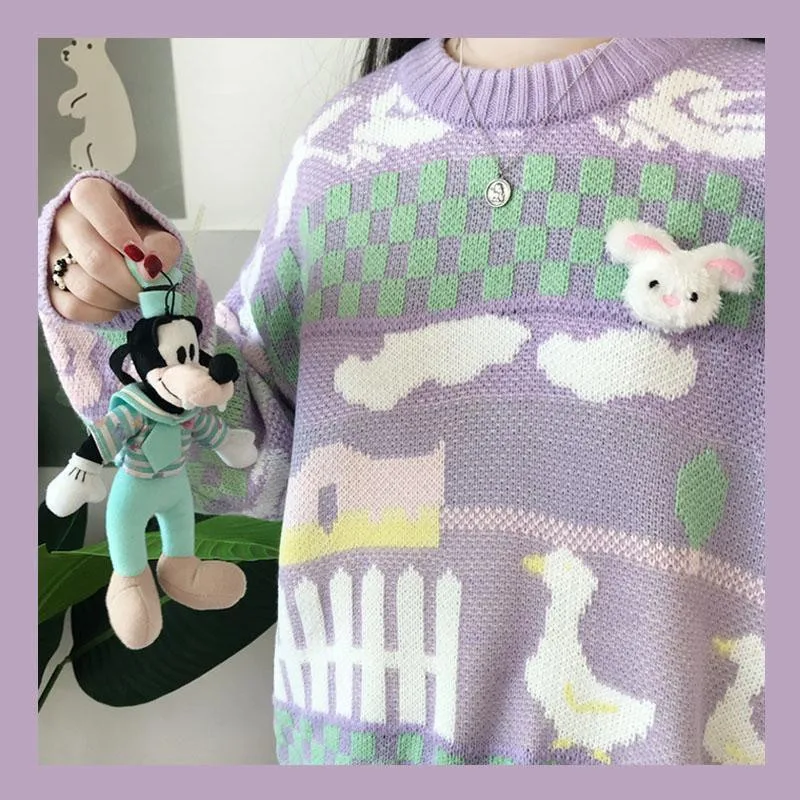 Spring Warm Korean Purple christmas Sweaters Women Cartoon Flowers Design College Girl Knit O-Neck Harajuku Loose Femme Pullover