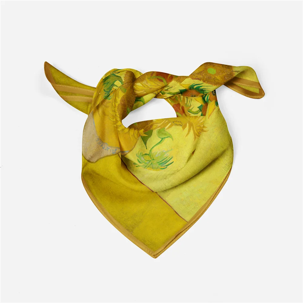 موضة حك وشاح حريري امرأة عباد الشمس طباعة أوشحة مربعة يلتف باندانا حجاب صغير فولاردز التعادل عقال منديل