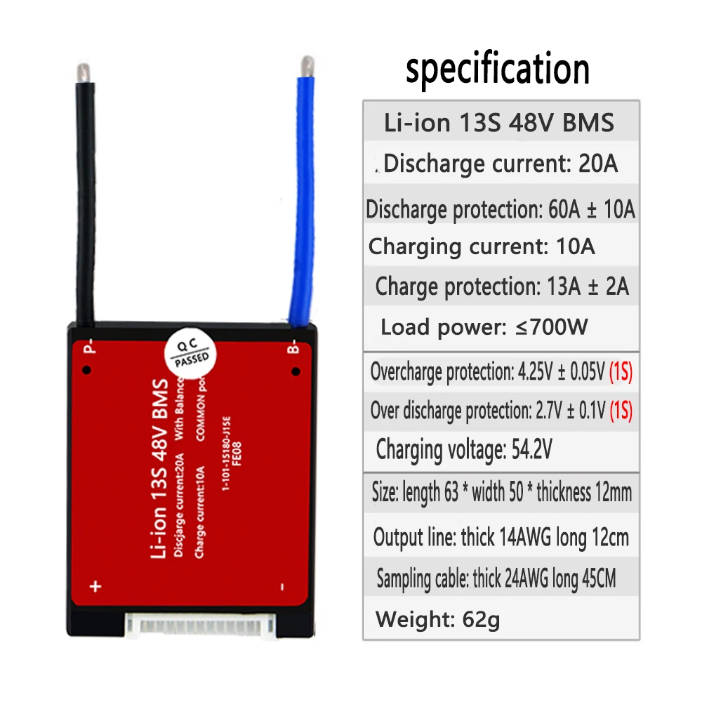 LiitoKala Li-ion 13S 48V 20A 18650 PCM tablica zabezpieczająca baterię BMS PCM ze zbalansowanym akumulatorem litowym