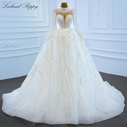 Lceland Poppy Customized A Line High Neck Lace Wedding Dresses Full Sleeves Sequins Beaded Floor Length Bridal Gowns